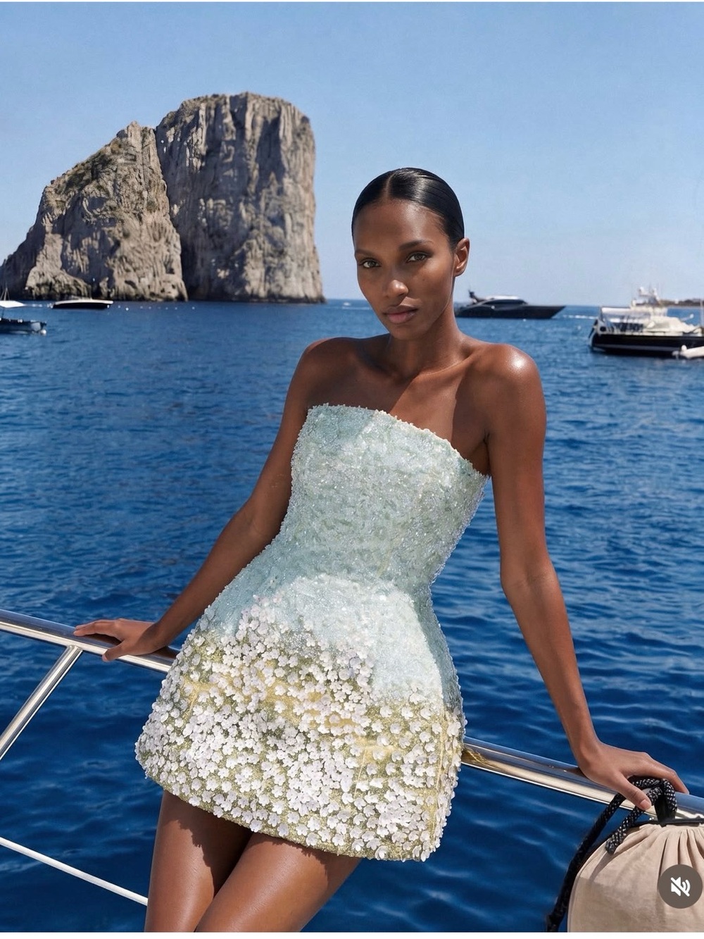 Strapless Aqua Floral Appliqué Mini Dress